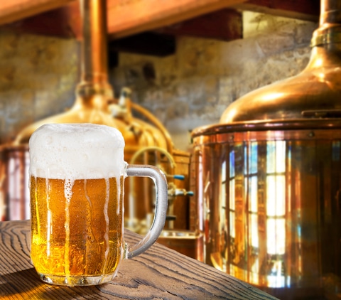 Close up view of a mug of amber colored beer with white frothy top