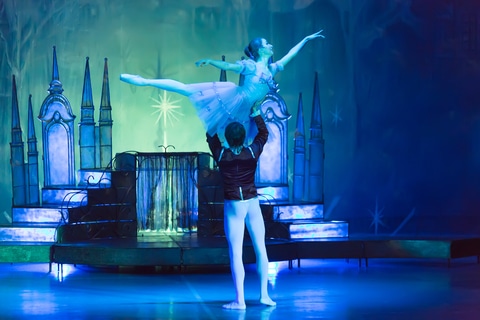 Two ballerinas performing the Nutcracker Ballet on stage.